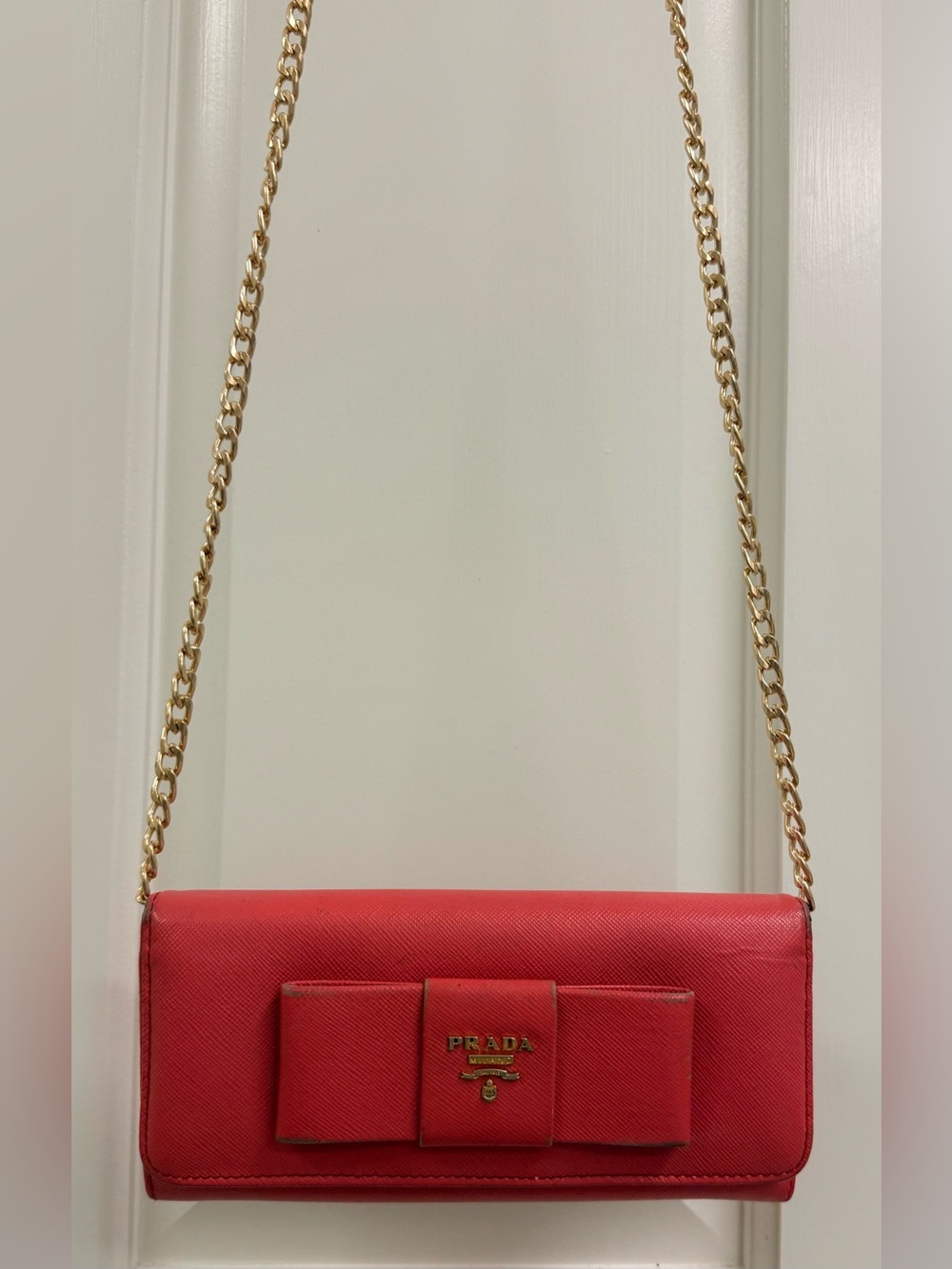 PRADA Classic Coral Saffiano Leather Gold Bow Accent Flap Wallet W/ Crossbody